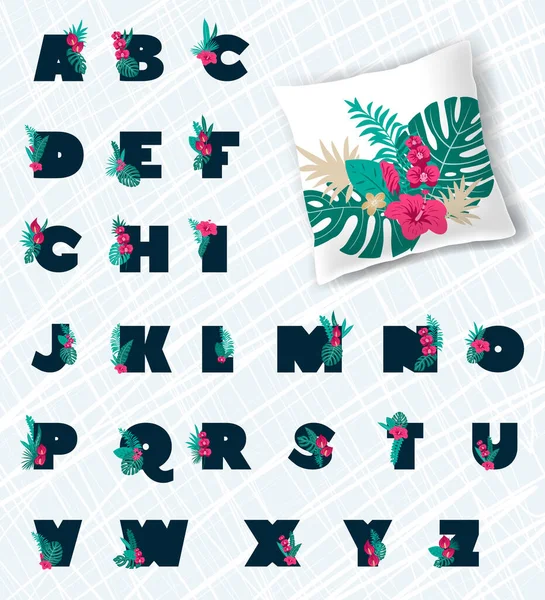 Abstrait tropics Alphabet anglais. Des lettres majuscules. Fonte tropicale avec des fleurs vectorielles exotiques — Image vectorielle