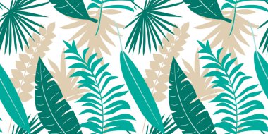 Vector seamless tropical pattern, vivid tropic foliage, with leaves, flowers. Modern bright summer print design