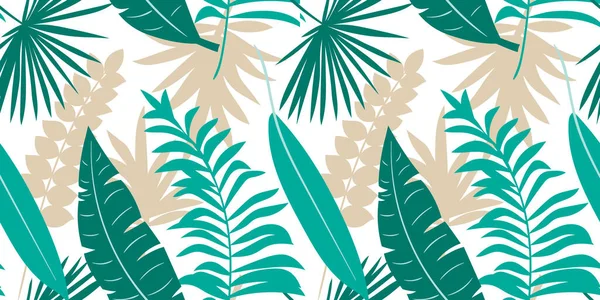 Modello tropicale senza soluzione di continuità vettoriale, vivido fogliame tropicale, con foglie, fiori. Design moderno e luminoso della stampa estiva — Vettoriale Stock