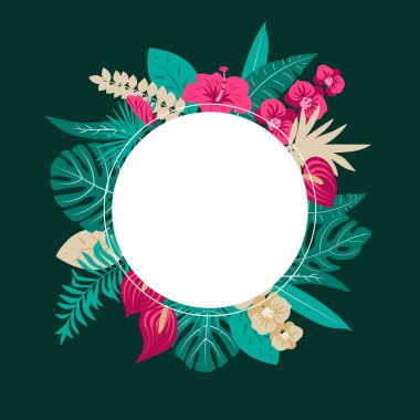 Soyut tropik koleksiyon. Tropik egzotik vektör çiçekleri ve yaprakları. Çiçek illüstrasyonunu ayarla. Davet için koleksiyon