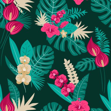 Dikensiz tropikal desen, canlı tropik yapraklar, yapraklar, çiçekler. Tasarımınız için modern parlak yaz baskısı