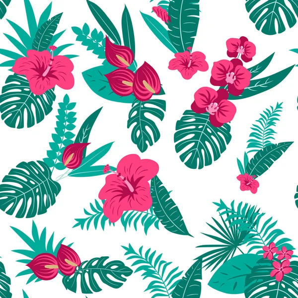 无缝隙的热带图案 生动的热带叶型 有叶子 为您设计的现代明亮的夏季印刷品 — 图库矢量图片
