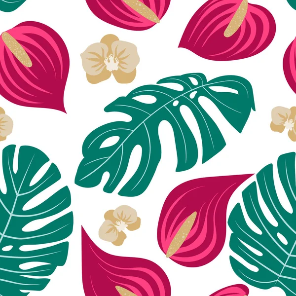 Ein Tropisches Muster Lebhaftes Tropisches Laub Mit Blättern Blüten Moderner — Stockvektor