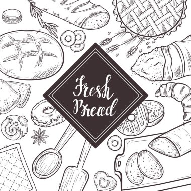 Ekmek vektörü el çizimi grafiksel geçmişe dönük çizim. Tasarım, mağazalar, restoranlar, fırınlar, menüler, kartlar, kumaşlar, paketler için kullanılabilir