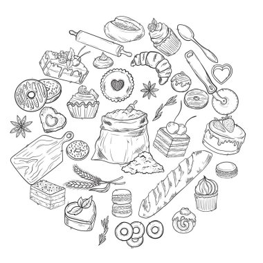 Ekmek çizilmiş el çizimi çizimi. Eski suluboya pastalar, tatlılar, pastalar, buğdaylar, fırın veya kafeterya için taze ekmek taslakları. Menü için vektör grafiği, biçimlendirilmiş resim kümesi ögesi