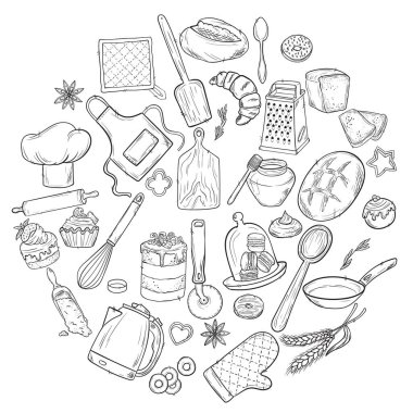 Ekmek çizilmiş el çizimi çizimi. Eski suluboya pastalar, tatlılar, pastalar, buğdaylar, fırın veya kafeterya için taze ekmek taslakları. Menü için vektör grafiği, biçimlendirilmiş resim kümesi ögesi