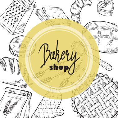 Ekmek çizilmiş el çizimi çizimi. Eski suluboya pastalar, tatlılar, pastalar, buğdaylar, fırın veya kafeterya için taze ekmek taslakları. Menü için vektör grafiği, biçimlendirilmiş resim kümesi ögesi