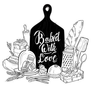 Ekmek çizilmiş el çizimi çizimi. Eski suluboya pastalar, tatlılar, pastalar, buğdaylar, fırın veya kafeterya için taze ekmek taslakları. Menü için vektör grafiği, biçimlendirilmiş resim kümesi ögesi