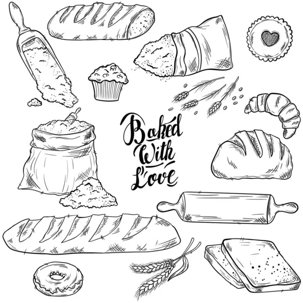 Ekmek çizilmiş el çizimi çizimi. Eski suluboya pastalar, tatlılar, pastalar, buğdaylar, fırın veya kafeterya için taze ekmek taslakları. Menü için vektör grafiği, biçimlendirilmiş resim kümesi ögesi — Stok Vektör