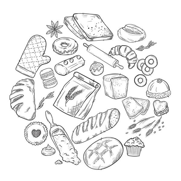 Ilustrasi set tangan roti yang digambar. Kue cat air, makanan penutup, kue, gandum, tepung, sketsa roti segar untuk toko roti atau kafetaria. Grafik vektor, elemen set gambar bergaya untuk menu - Stok Vektor