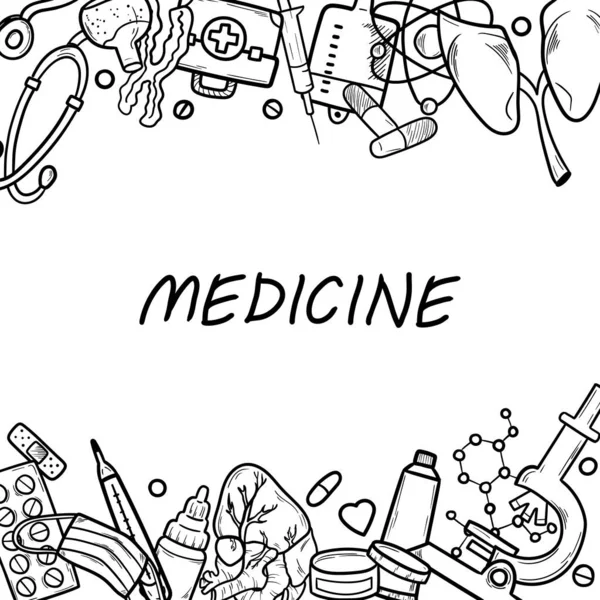 Ilustrasi Vektor Kesehatan Dan Kedokteran Hand Drawn Doodle Medical Products - Stok Vektor