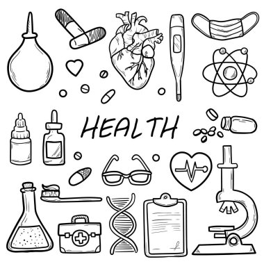 Sağlık ve İlaç Vektörü illüstrasyonu. El Çizimi Uyuşturucu ve Tıbbi Ürünler ve Aygıtlar Tasarımınız için Arkaplan