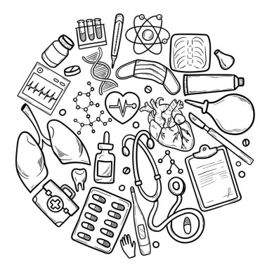 Sağlık ve İlaç Vektörü illüstrasyonu. El Çizimi Uyuşturucu ve Tıbbi Ürünler ve Aygıtlar Tasarımınız için Arkaplan