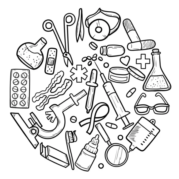 Salud Medicina Ilustración Vectorial Medicamentos Doodle Dibujados Mano Productos Dispositivos — Vector de stock