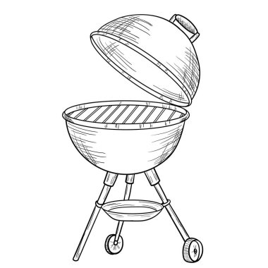 Eskiz nesneleriyle barbekü ve ızgara ağı. El yapımı barbekü elementi