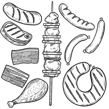 Eskiz nesneleriyle barbekü ve ızgara menüsü. El yapımı barbekü elementleri. Izgara menü tasarım şablonu.