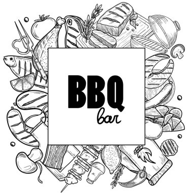 Eskiz nesneleriyle barbekü ve ızgara menüsü. Metnin etrafına elle çizilmiş barbekü elementleri. Izgara menü tasarım şablonu.