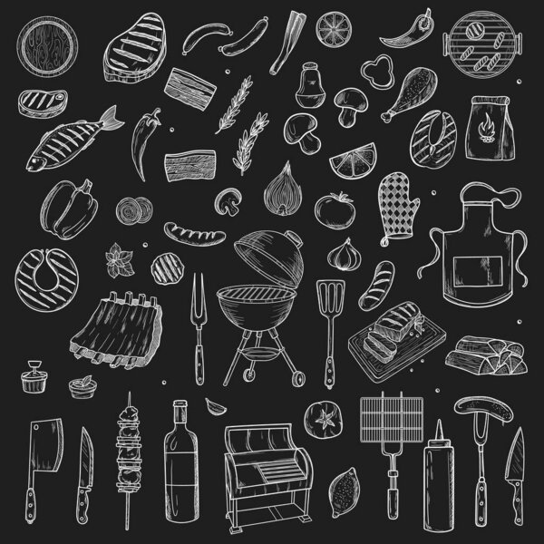 Меню барбекю и гриля с выделенными на белом фоне кетчупами. Элементы барбекю ручной работы. Шаблон дизайна меню гриля на доске
.