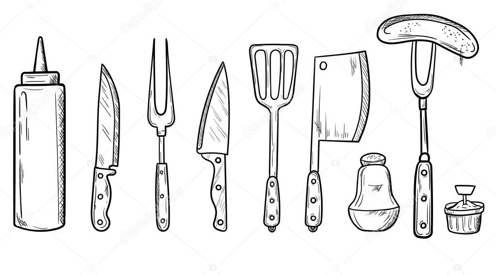 dishes and tools for grilling. Sketch objects isolated on white background. Hand drawn barbecue elements around text. Grill menu design template.