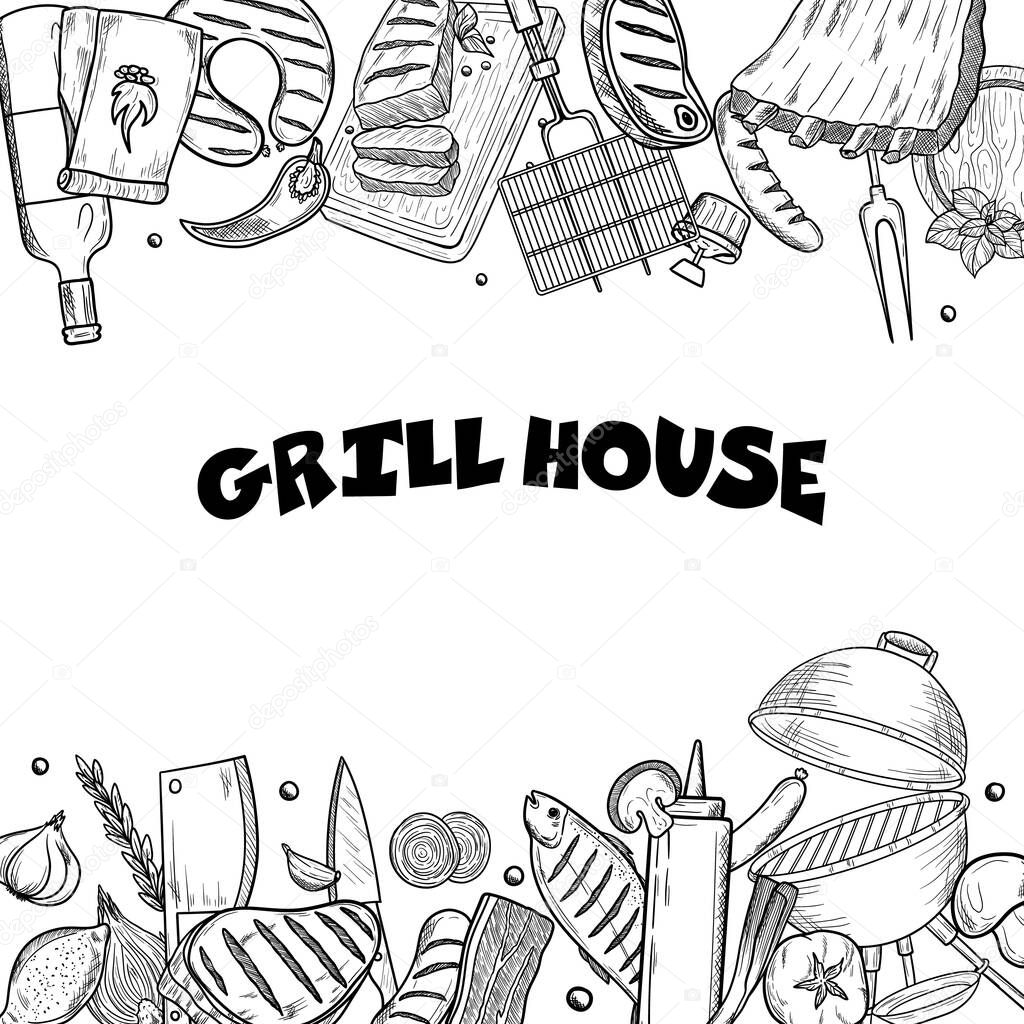 BBQ and grill menu with sketch objects. Hand drawn barbecue elements around text. Grill menu design template.