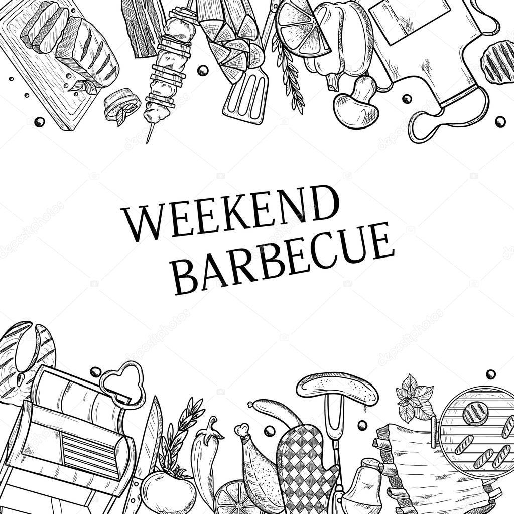 BBQ and grill menu with sketch objects. Hand drawn barbecue elements around text. Grill menu design template.