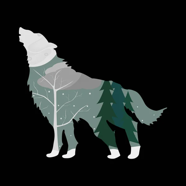 Winter forest in de omtrek van een wolf. — Stockvector
