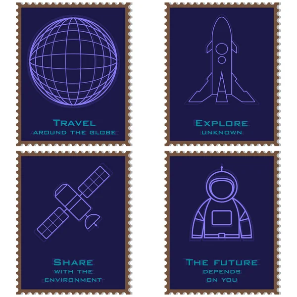 邮票描述行星, 宇航员, 宇宙飞船和卫星 — 图库矢量图片