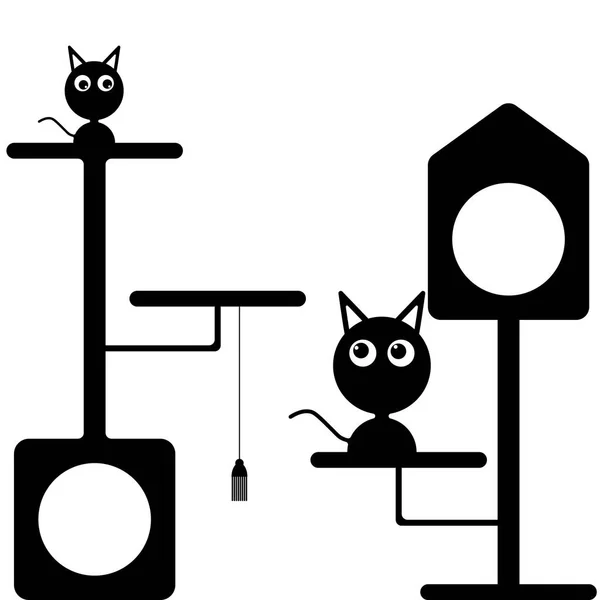 Vektör görüntü bir yavru kedi ve kedi evleri yakınındaki bir kedi. Düz siyah-beyaz desen