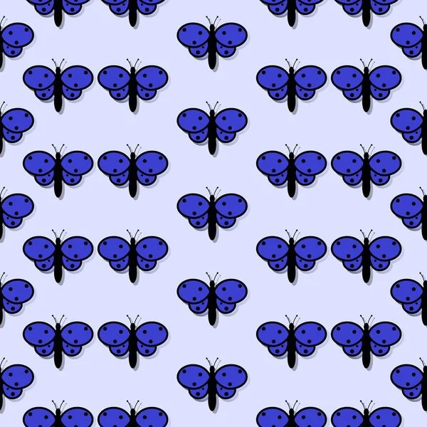 Pattern with the image of butterflies with a mirror shadow on a purple background. Vector. Flat. — Stock Vector