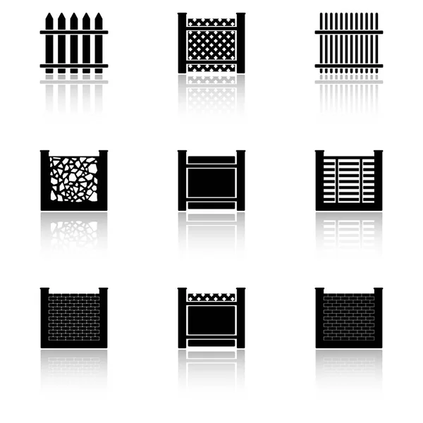 Vector afbeelding van een set van iconen van hekken van verschillende types met spiegel reflectie. Flat. — Stockvector
