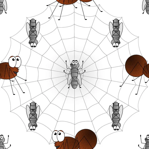 Векторне зображення дитячої ілюстрації малюнка павука і мухи в мережі. Візерунок . — стоковий вектор