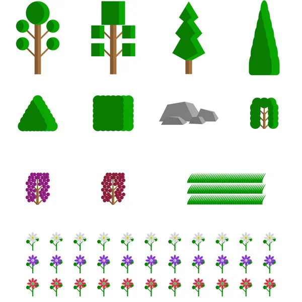 Imagem vetorial de elementos abstratos da zona de parque - árvores arbustos coníferas flores florets pedras . — Vetor de Stock