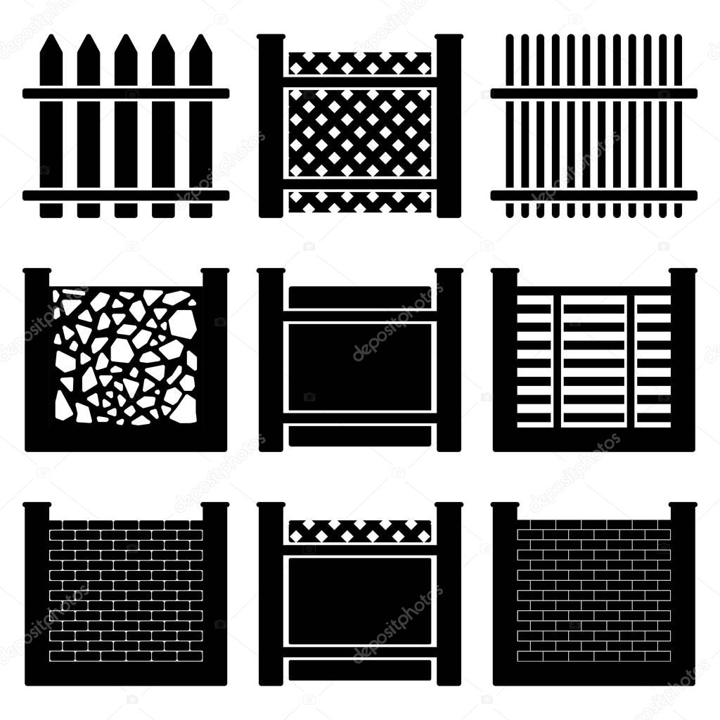 Vector image of set of icons of fences of various types. Flat.
