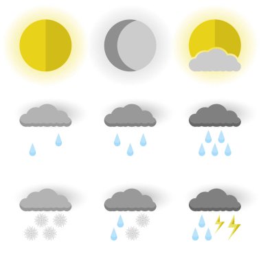 Vektör görüntü hava simgeleri, güneş, ay ve güneş bulutların arkasında dizi. Düz. Beyaz arka plan