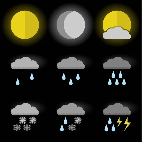 날씨 아이콘, 태양, 달, 구름 뒤에 태양 세트의 벡터 이미지. 평면입니다. 검정색 배경 — 스톡 벡터