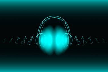 Parlak parlak neon kulaklık mavi arka plan, müzik konsepti izole. Afiş. Düşük Poli illüstrasyon