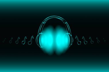 Parlak parlak neon kulaklık mavi arka plan, müzik konsepti izole. Afiş. Düşük Poli illüstrasyon. Değiştirilen form