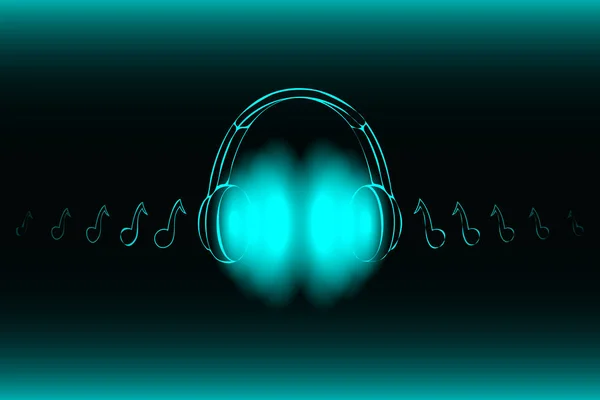 Auriculares de neón brillantes y brillantes aislados sobre fondo azul, concepto de música. Banner. Ilustración polivinílica baja.Forma modificada — Vector de stock