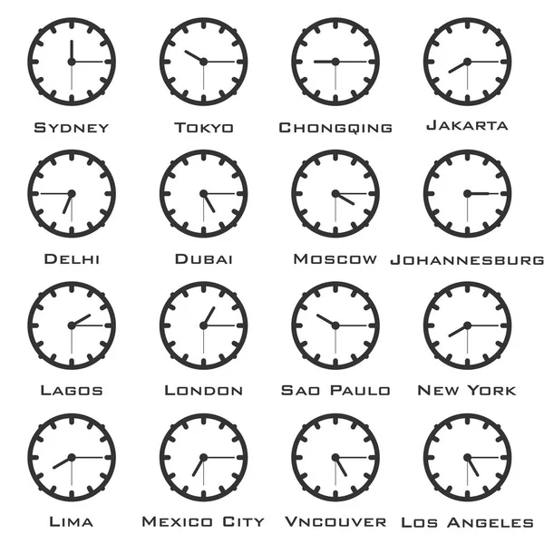 Saat minimalist bir görüntüsünü dünya başkentlerinde zaman farkı ile. Vektör — Stok Vektör