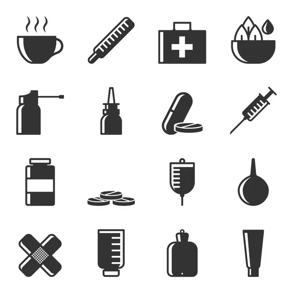 Uppsättning ikoner av behandling av sjukdomar genom olika metoder och medel. Vektor, vit bakgrund — Stock vektor