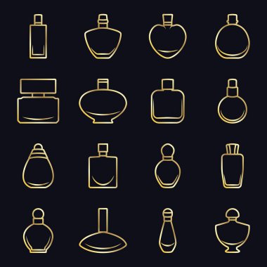 Farklı parfüm şişeleri Vektör formatında altın bir anahat siyah bir zemin üzerine kümesi. Çok kolay düzenlemek için