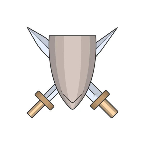 Imagem vetorial de um escudo com espadas em estilo cartoon. Vetor, isolado — Vetor de Stock
