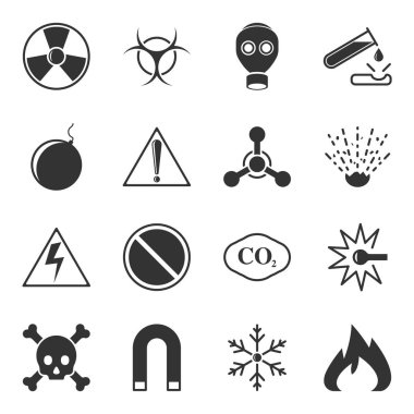 Tehlike işaretleri, toksisite, explosivity ve diğerleri içeren simgeler beyaz bir arka plan üzerinde uyarı vektör kümesi.