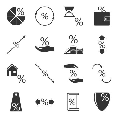 Kredi ve faiz oranları onlara izole beyaz bir arka plan ile ilişkili simgelerin ayarlayın. Vektör