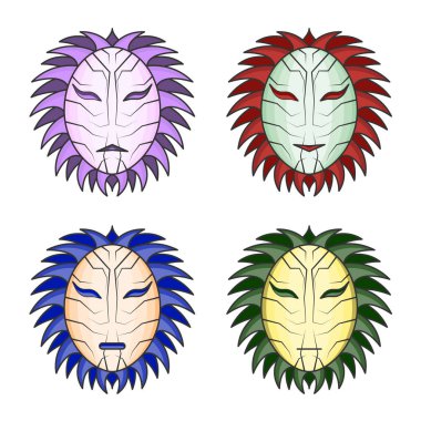 Vektör görüntü bir çeşitli renklerdeki maskesiyle. Beyaz bir arka plan üzerinde basit, düzenlenebilir siyah anahat.