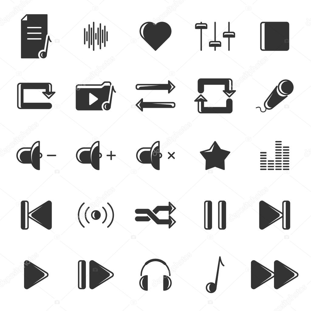 A set of black icons relating to music and its reproduction. Vector on white background