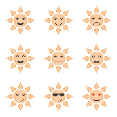 Çizgi film Güneş'in duygu simgeler kümesi. Beyaz arka plan üzerinde izole vektör