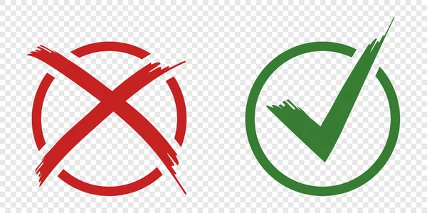 Aanvaarding en verwerping symbool vector knoppen voor stemming, verkiezing keuze. Cirkel borstel beroerte grenzen. Symbolische Ok X pictogram en geïsoleerd op wit. Teek en kruis tekenen, vinkjes ontwerp. — Stockvector