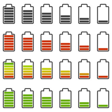 Batarya şarj simgeleri ayarlandı. Enerji tüketim ölçeğini dolduran çeşitli performans ve renk stilleri. Beyaz arkaplanda bir vektör.