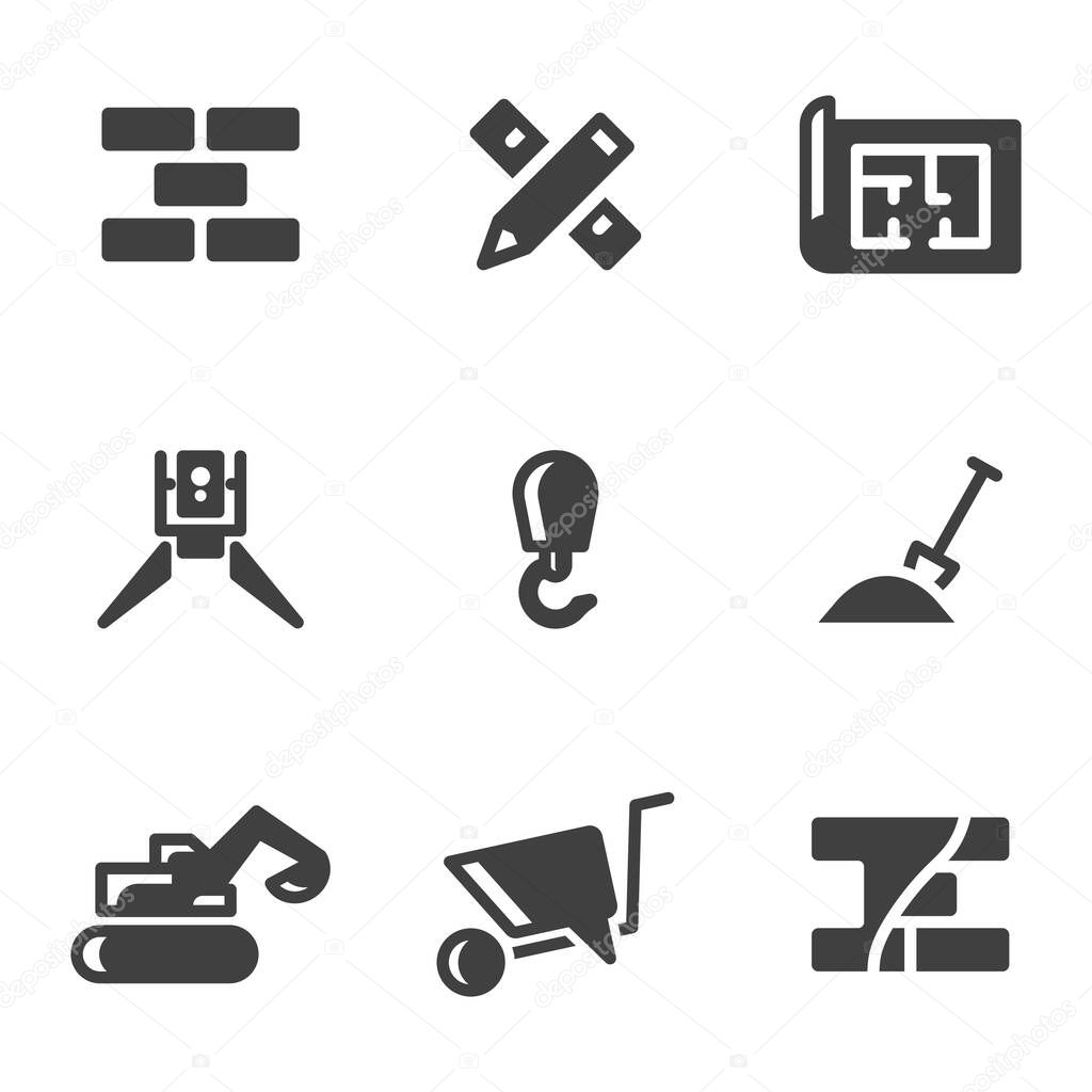 Set of construction icons. Various stages of construction, design, layout, construction. Flooded execution. Vector on a white background.